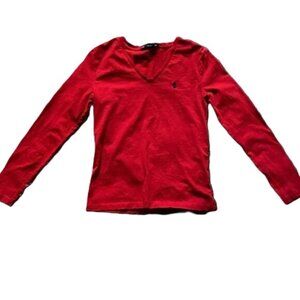 Womens Red V-Neck Long Sleeve Shirt